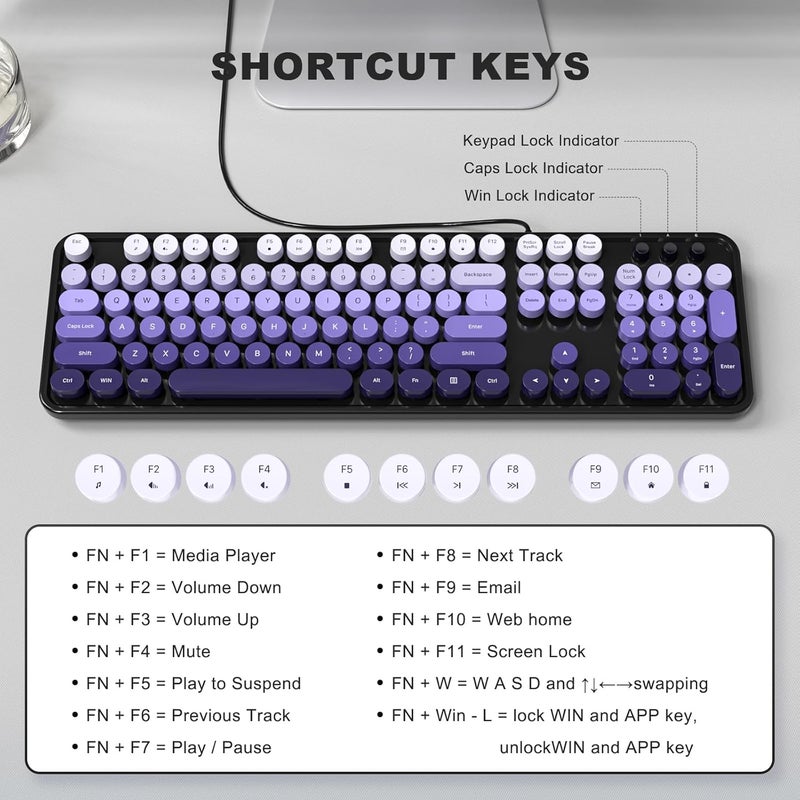 Atelus Computer Keyboard Wired, Retro USB Keyboard with Large Number Pad, Caps Indicators, Foldable Stands, Full Size Typewriter Keyboard for Windows PC Laptop (Black Purple) - Image 4